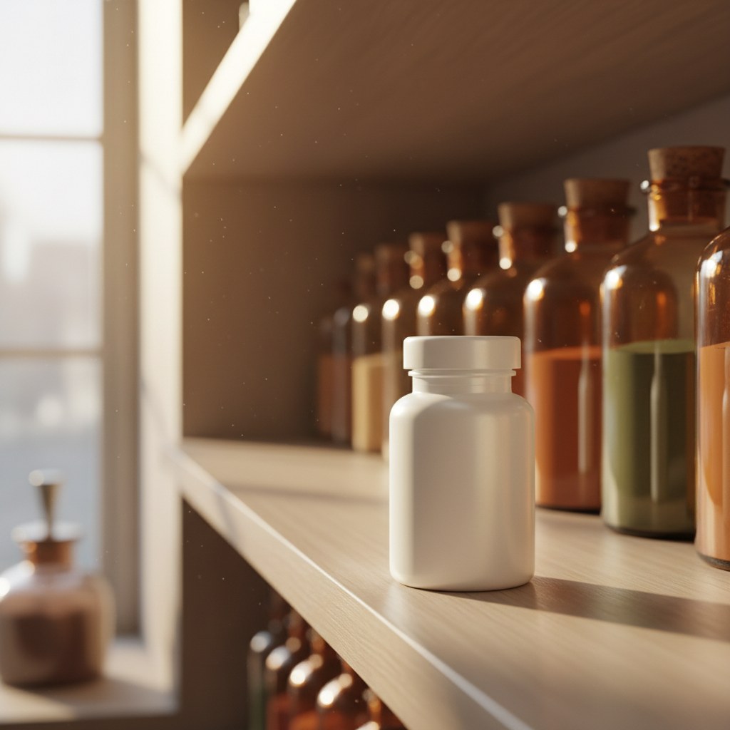 Capsule supplement bottle on a wooden pharmacy shelf in warm natural daylight